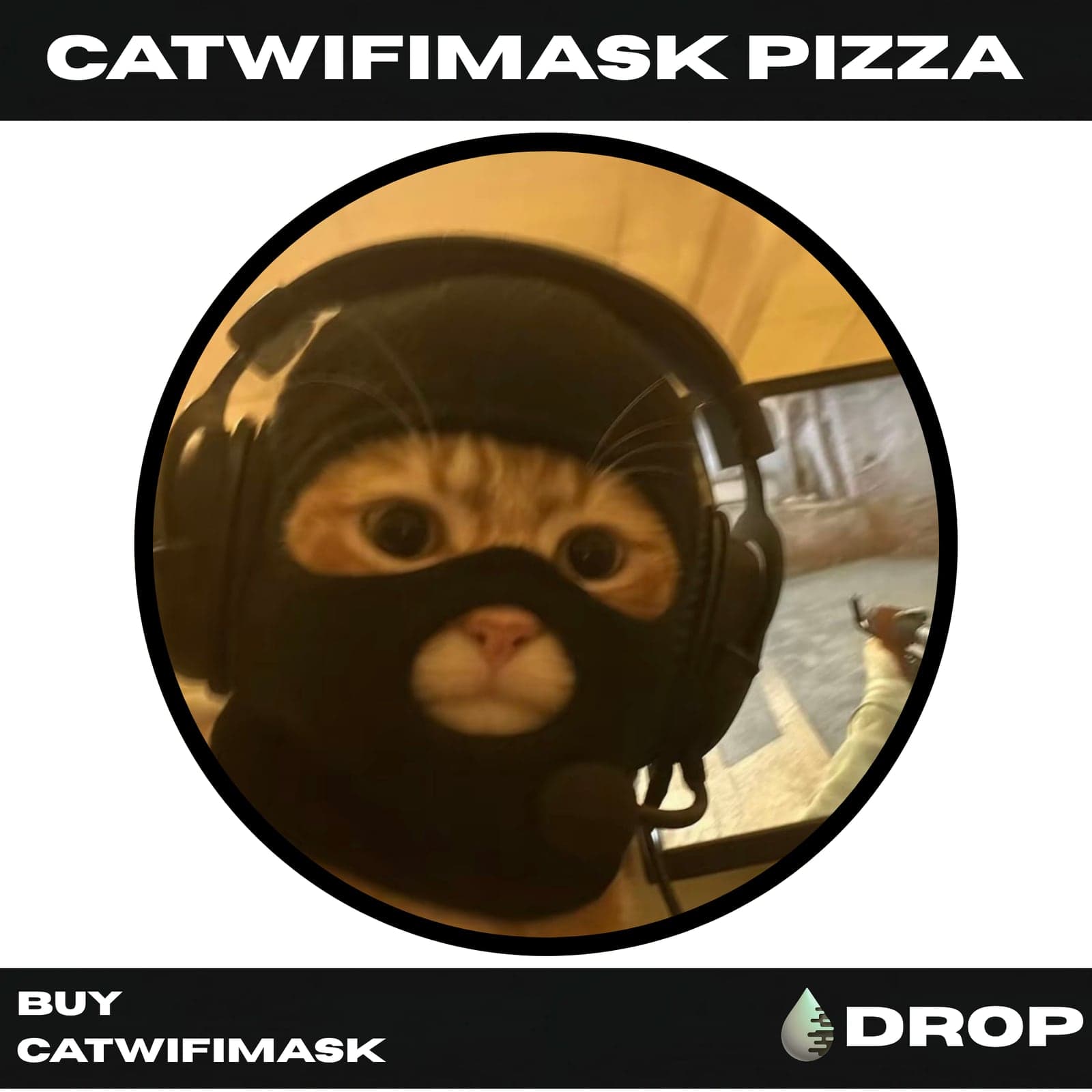 CATWIFIMASK PIZZA box design with the masked cat and the DROP logo