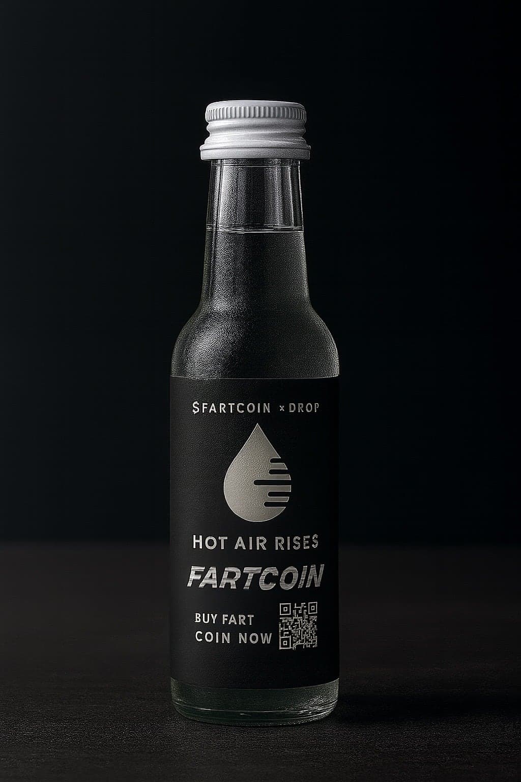 Glass water bottle with a black $FARTCOIN x DROP label reading Hot Air Rises
