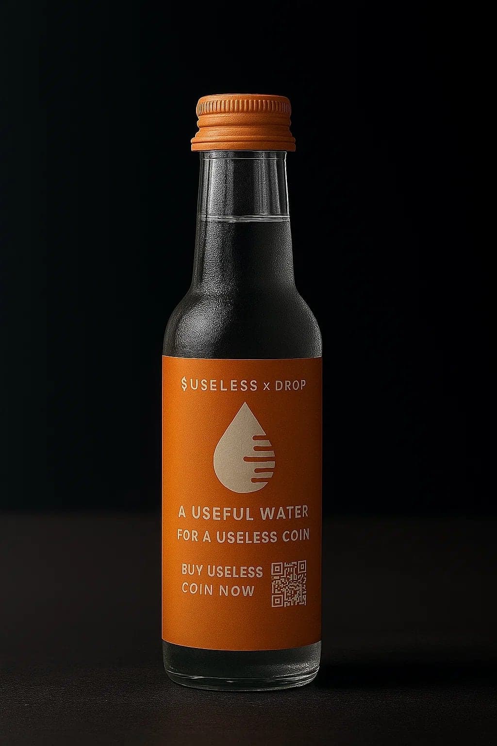 Glass water bottle with an orange $USELESS x DROP label reading A Useful Water For A Useless Coin